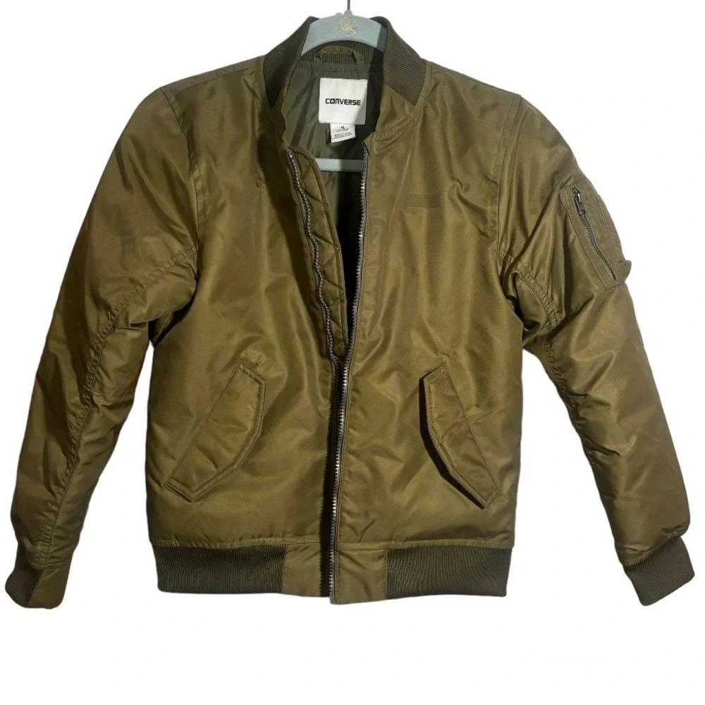 Converse Quilted Bomber Coat Zip Front Army Green Long Sleeve Boys Size Medium